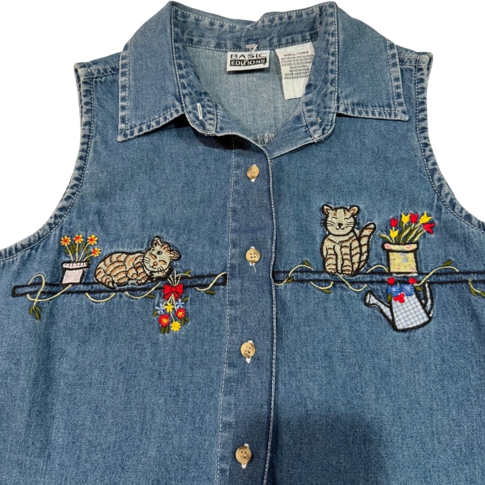 Y2K 100% Cotton Grandma Core Denim Sleeveless Embroidered Cat Shirt Dopamine